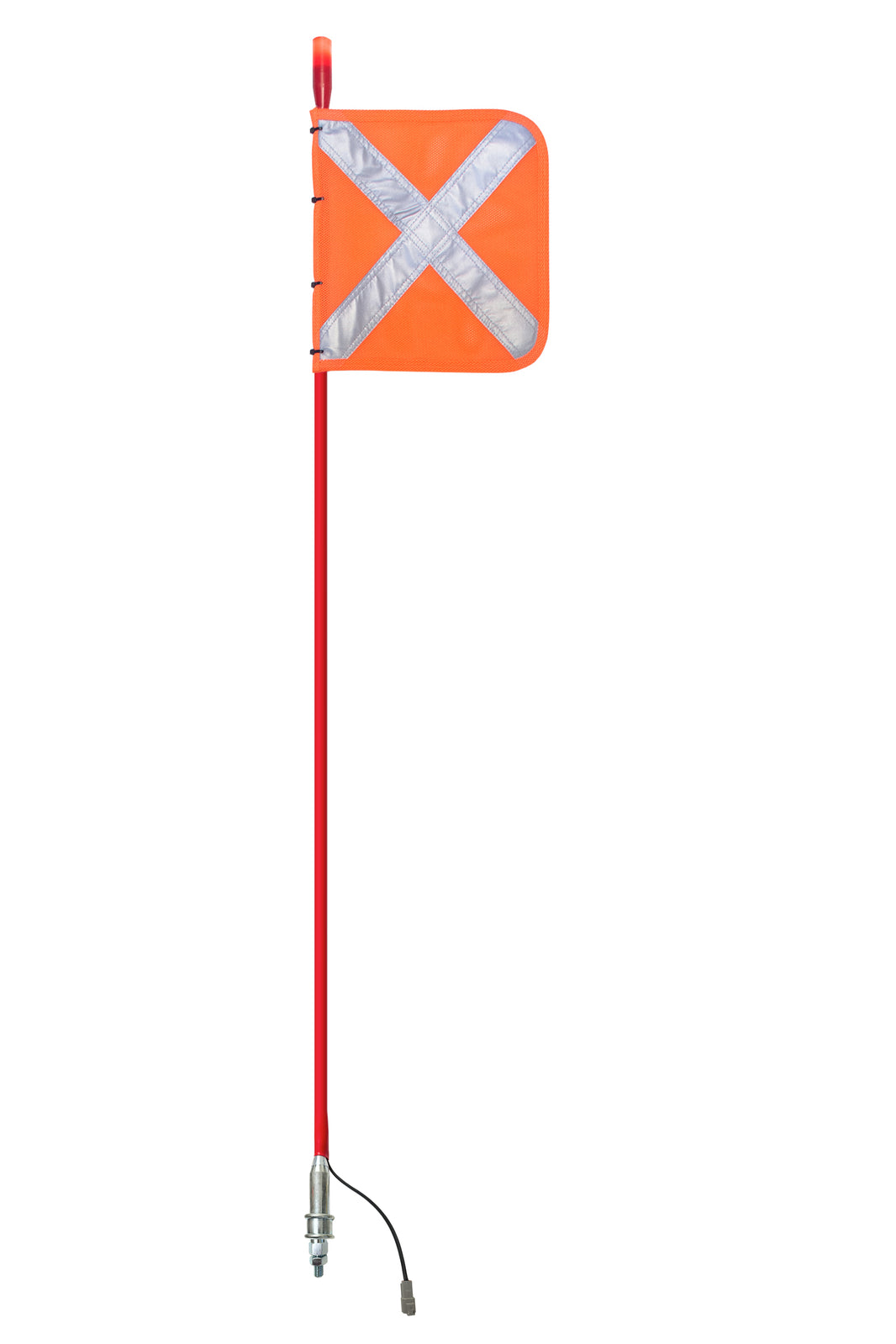 Buggy whip with an attached LED light and safety flag, designed to improve the visibility and safety of off-road vehicles, featuring a bright and flexible lighted construction for secure mounting.
