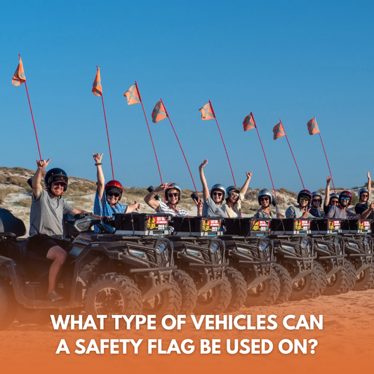 Safety flags on various vehicles, ensuring visibility and preventing accidents in different environments.