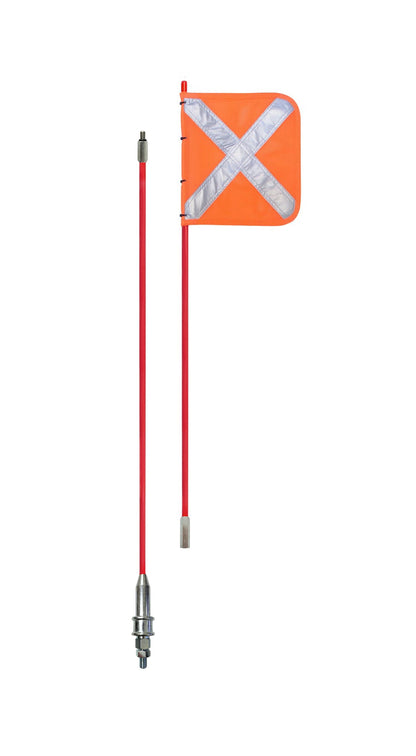 Buggy whip with a high-visibility flag, mounted on an off-road vehicle to enhance visibility and safety, featuring a sturdy and flexible pole for secure attachment.